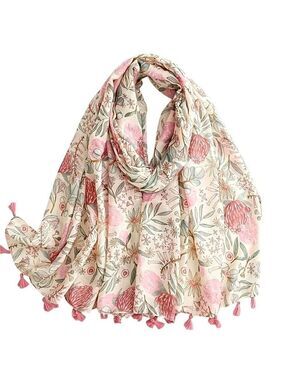 Floral Pink & White Lightweight Tassel Scarf – Boho Shawl Wrap 34 x 70